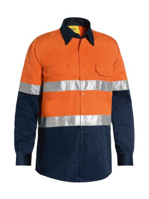 Introducing the Bisley Taped Hi Vis Cool Lightweight Shirt: a high-visibility work shirt crafted with bright orange fabric on the upper section and featuring a reflective taped hoop pattern around the chest and sleeves. The lower part of the shirt, as well as the collar and sleeves, is dark blue. Designed for comfort, this workwear includes button closures and two chest pockets with flaps.