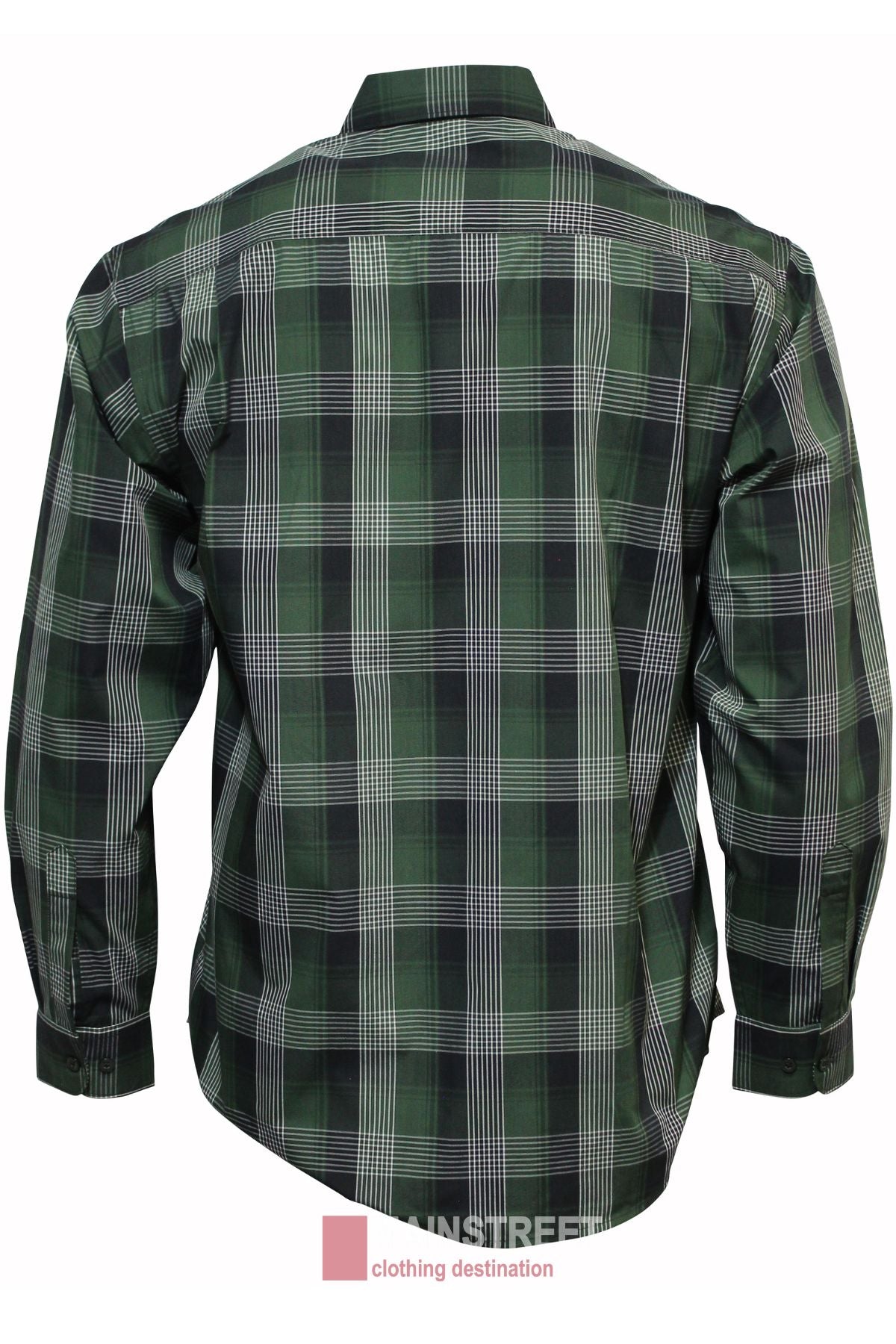 The Bisley Countryman Shirt in green and black plaid is shown from the back, featuring a classic collar, checkered pattern, buttoned cuffs, and signature chest pockets.