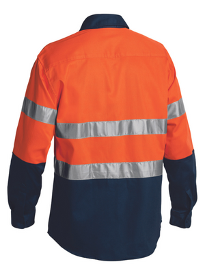 Back view of the Bisley Taped Hi Vis Drill Shirt with long sleeves. The shirt features an orange upper half with two reflective taped hoops around the midsection. The lower half and sleeve cuffs are dark blue. Made from 100% Cotton Preshrunk Drill, it is designed for safety in work environments.