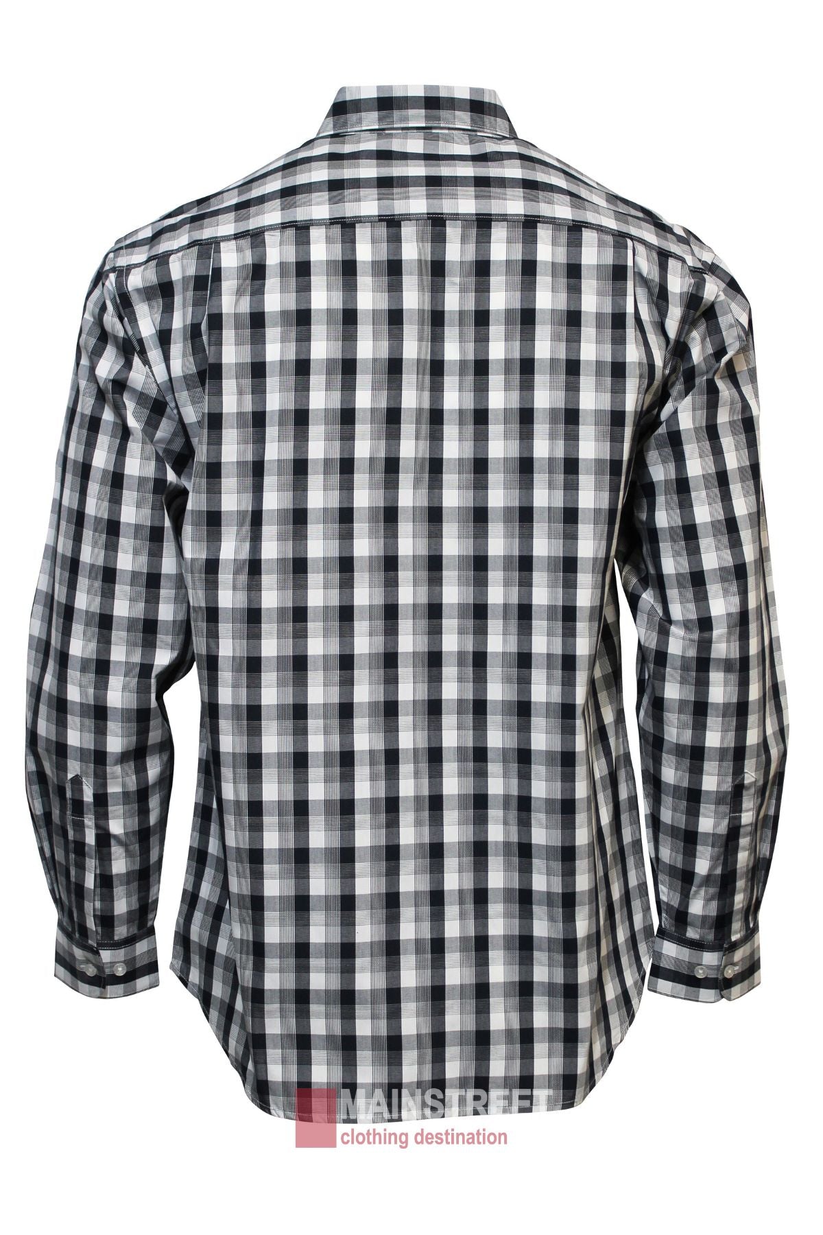 The Bisley Countryman Shirt is a men's long-sleeved shirt with a black, white, and gray checkered pattern, featuring buttoned chest pockets and shown from the back.