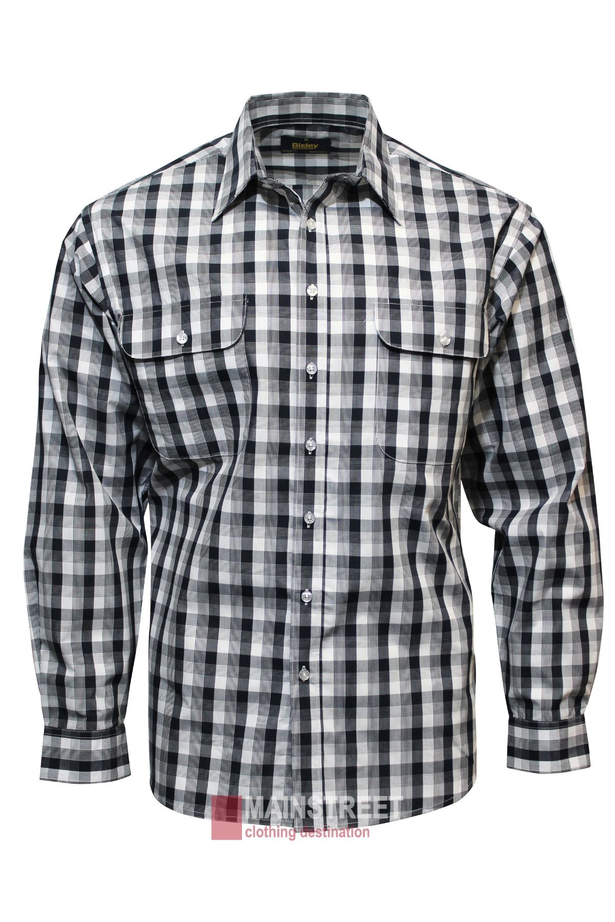 The Bisley Countryman Shirt offers a classic checkered design in black, white, and gray, with long sleeves, a collar, and two chest pockets with buttoned flaps for both style and practicality.