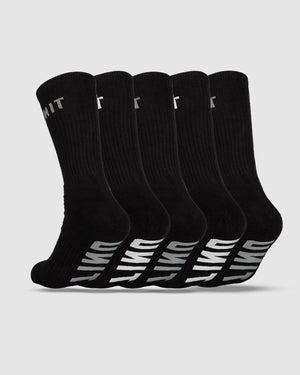 The UNIT Respond Bamboo 5 Pack Socks are displayed diagonally against a plain background. Each black sock has a ribbed texture, "LIMIT" written in white on the top, and a white design on the sole.