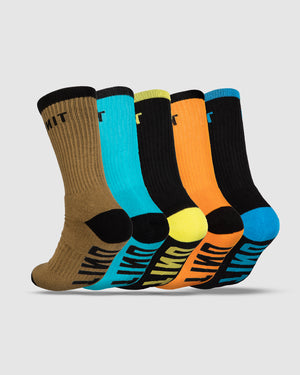 The UNIT React Bamboo 5 Pack Socks includes five pairs in brown, turquoise, yellow, orange, and black with colorful accents and the UNIT logo, displayed upright in a row on a light gray background for a fresh look.