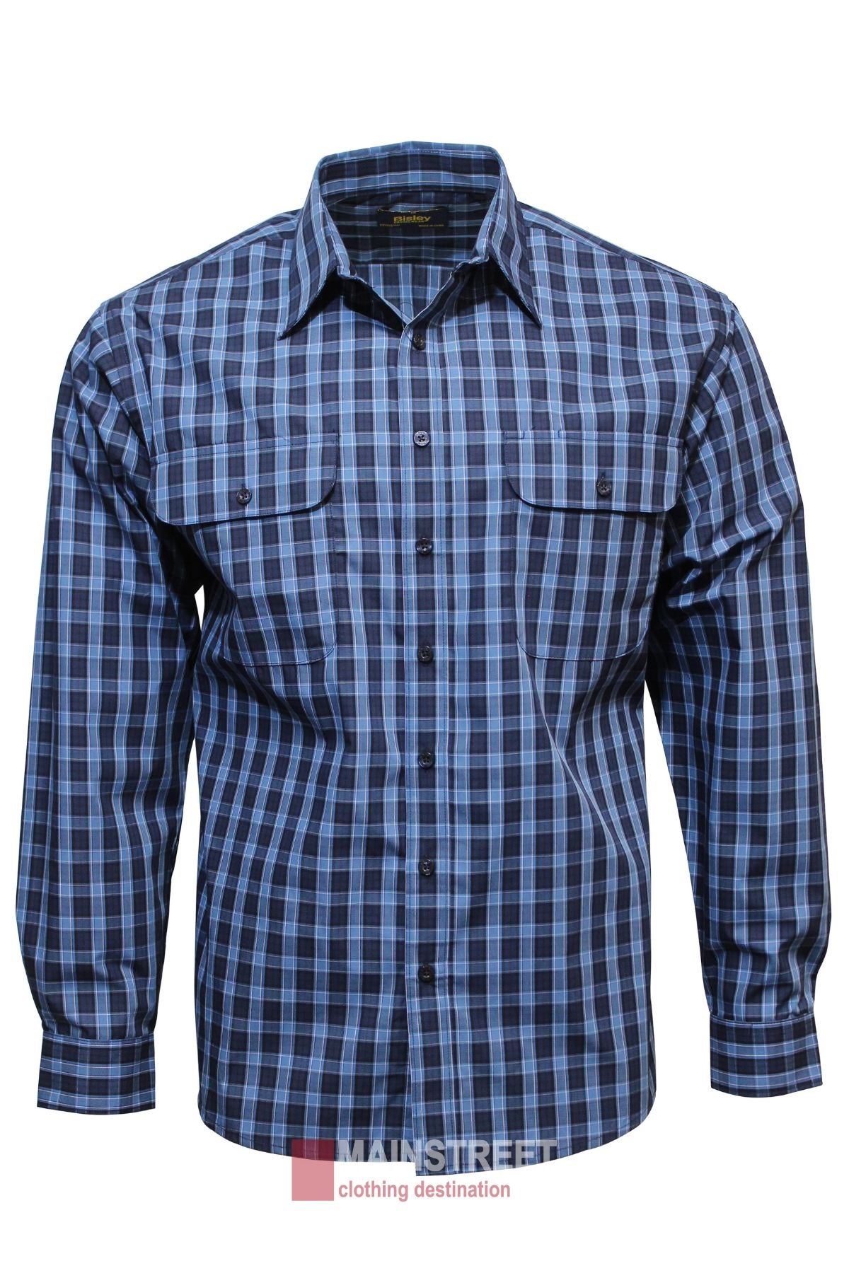 The Bisley Countryman Shirt is a men's long-sleeve, button-up shirt with a blue and black plaid pattern, chest pockets with flaps, and a classic collar, shown on a white background.
