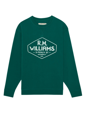 The RM Williams Gladstone Crew Neck is a relaxed fit green cotton fleece sweatshirt with a white "5 Percy St Prospect SA" graphic inside a hexagon on the front.