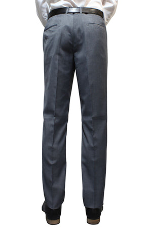 Someone wearing a white shirt and gray Bruton Jesse trousers is seen from the back. The slim-fit pants have pockets and are matched with black shoes for a classic style. The background is plain white.