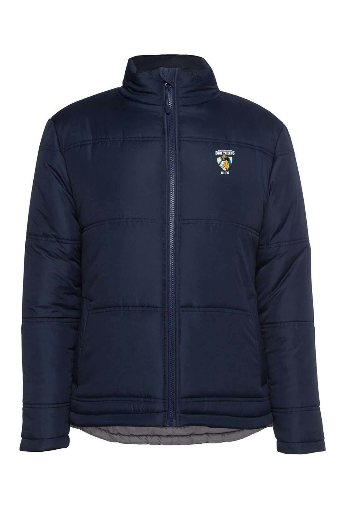 The Bombala Blue Heelers Puffer Jacket **PRE-ORDER** in navy includes a full-length zipper, two side pockets, and an embroidered logo on the left chest. This warm and cozy outerwear is available for pre-order with a minimum order quantity.
