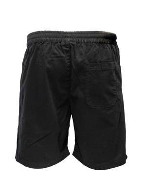 Pilgrim Twill Rugger Short in black features an elastic waistband and a single back pocket, shown on a plain white background. These comfortable shorts are ideal for casual wear.