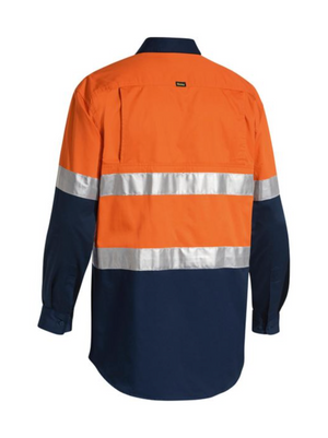 Rear view of the Bisley Taped Hi Vis Cool Lightweight Shirt, showcasing long sleeves and a reflective taped hoop pattern. The upper portion and sleeves are orange, while the lower portion is dark blue. The shirt also features two reflective silver bands around the chest and arms for enhanced safety.
