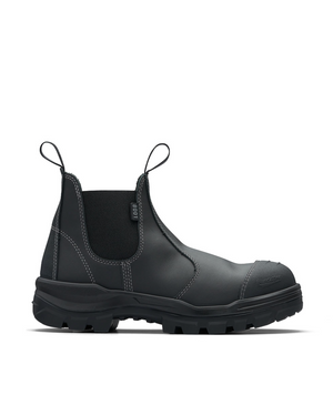 The Blundstone RotoFlex 8001 Elastic Sided Safety Boot is a black ankle-length boot featuring a rugged thick sole, pull tabs, visible white stitching, elastic side panels, and a steel toe cap for impact absorption, ensuring both durability and comfort.
