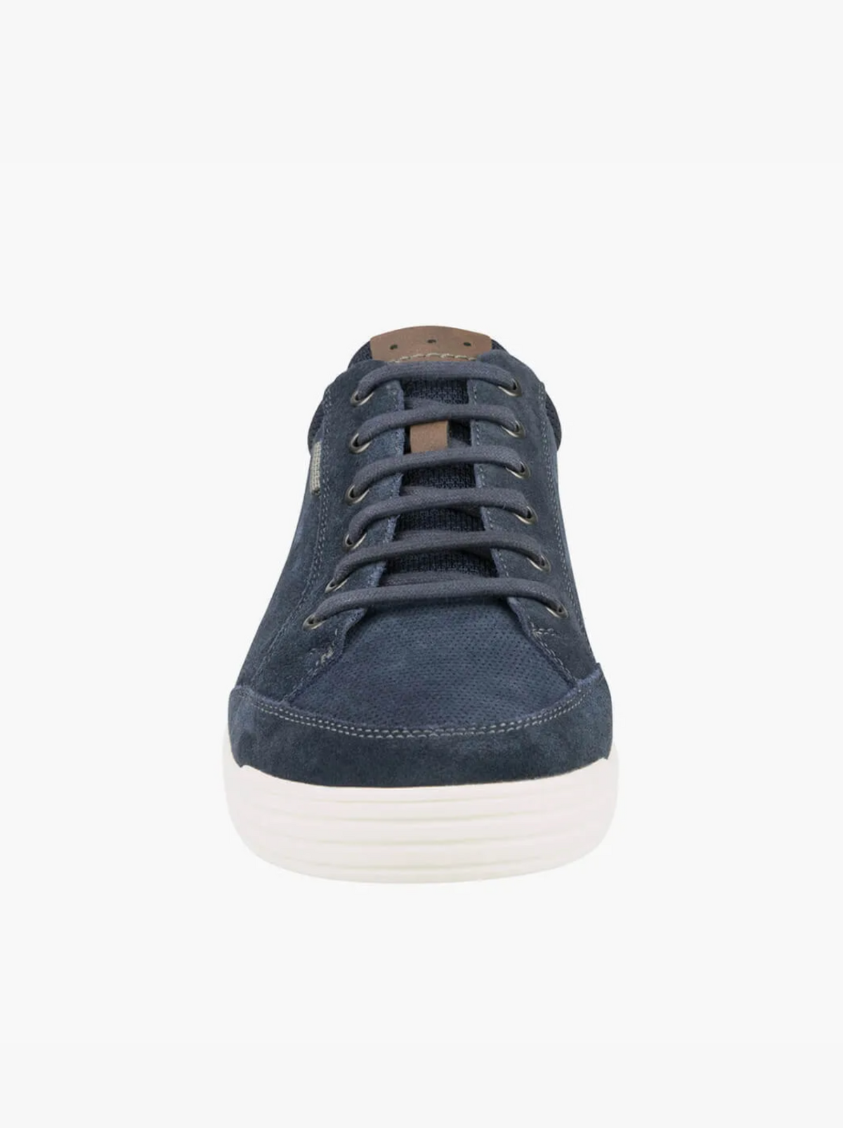 Front view of the Florsheim City Walk Lace Sneaker in navy blue with dark laces and a white rubber sole, featuring Kore Technology for support and a Comfort Gel heel pod, shown against a plain white background.