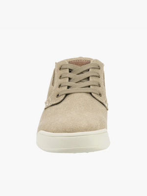 Front view of the Florsheim Kore Tour Canvas Lace Sneaker featuring beige laces, a light brown color, and a white rubber sole. The textured fabric finish ensures all-day comfort.