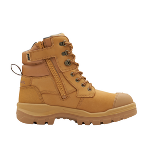 The Blundstone RotoFlex 8060 Unisex Zip Sided Safety Boot is a tan-colored safety boot featuring multiple eyelets, laces, a side zipper, and a pull tab at the back. It boasts a rugged sole and reinforced areas, ensuring durability and suitability for heavy-duty use.