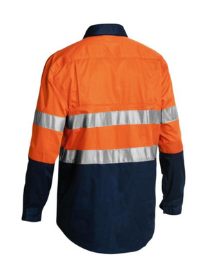 The Bisley Taped Hi Vis Closed Front Cool Lightweight Shirt features long sleeves with orange fabric on the shoulders and upper back, navy blue fabric on the lower back and arms, and two reflective silver stripes around the torso. The shirt is lightweight and displayed on a white background, showing the back view.