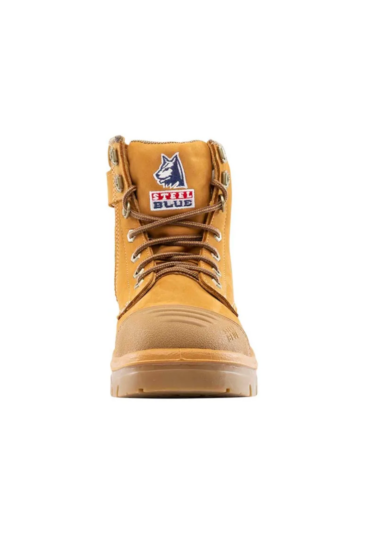 Introducing the Steel Blue Argyle Zip Scuff Cap Boot: a tan, high-top work boot made from water-resistant leather, equipped with a safety steel toe. Displayed from the front, this durable boot showcases prominent laces, a rugged sole, and a logo on the tongue featuring a wolf's head along with the text "Steel Blue boots.”
