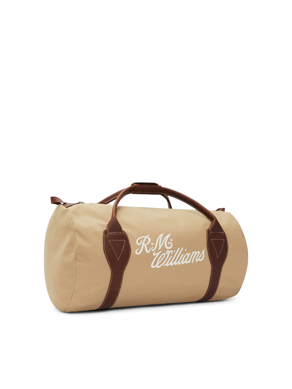 The RM Williams Sorrento Ute Bag is a beige cylindrical duffel crafted from water-repellant utility canvas, featuring brown leather handles and accents. The "R.M. Williams" logo is displayed in white script on the side. It has a top zipper closure and a fabric loop at the end, ideal for carrying or hanging.