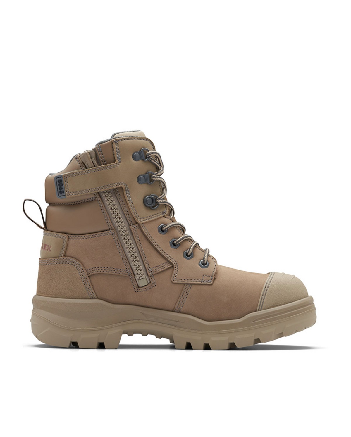A side profile of the Blundstone RotoFlex 8063 Zip Sided Safety Boot reveals a tan-colored tactical boot made with water-resistant nubuck leather, featuring a sturdy sole, reinforced toe, and multiple laces. The safety boot also includes a zipper on the side for easy wear and added convenience.