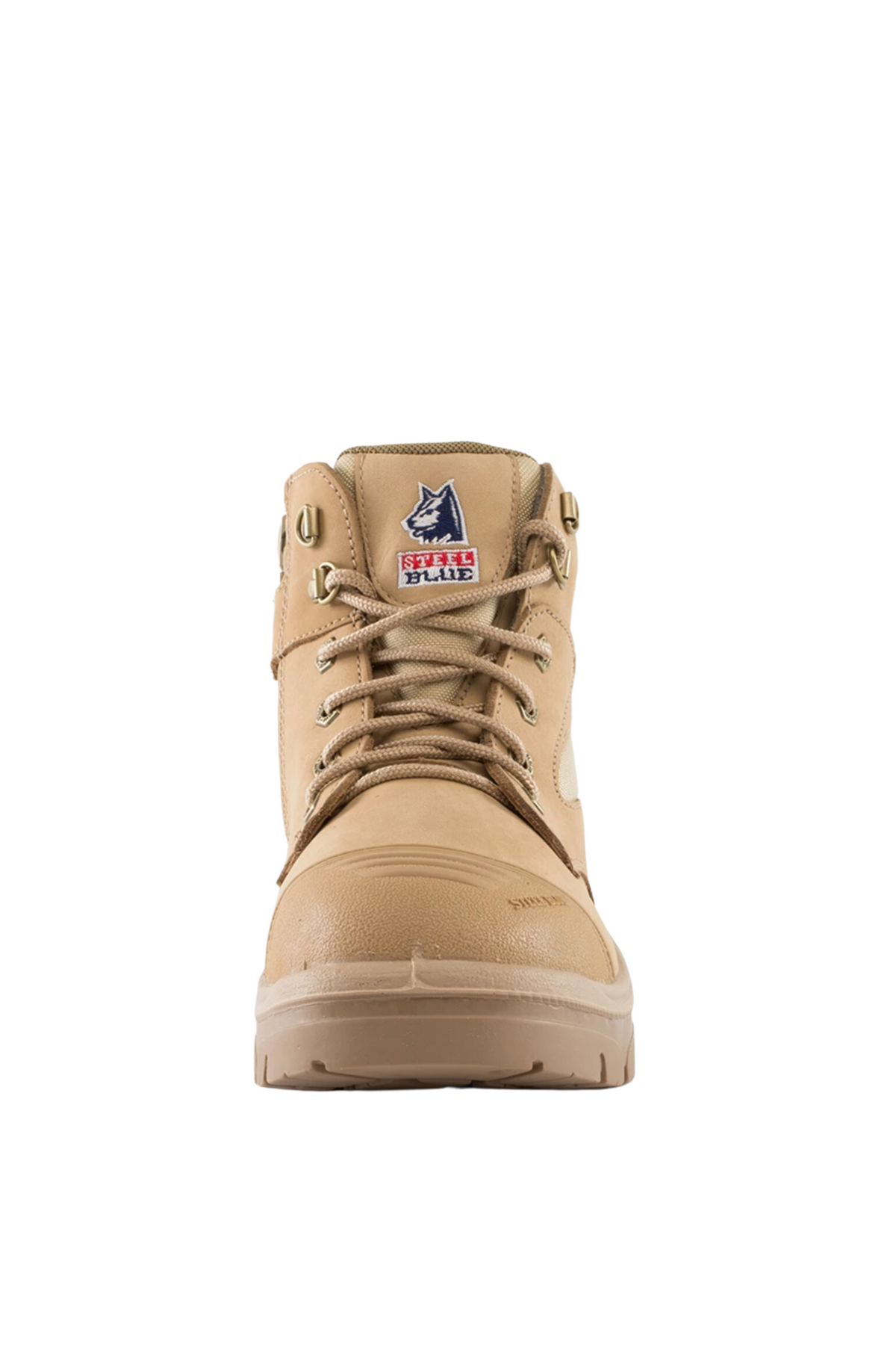 The Steel Blue Parkes Zip Scuff Cap Boot is displayed against a plain white background. This tan leather work boot features sturdy laces, metal eyelets, and a rugged, heat-resistant outsole. The tongue of the boot showcases a logo with a wolf image and the text "Rebel Blue." Additionally, these Steel Blue boots boast a safety steel toe for added protection.