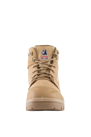 The Steel Blue Parkes Zip Scuff Cap Boot is displayed against a plain white background. This tan leather work boot features sturdy laces, metal eyelets, and a rugged, heat-resistant outsole. The tongue of the boot showcases a logo with a wolf image and the text "Rebel Blue." Additionally, these Steel Blue boots boast a safety steel toe for added protection.