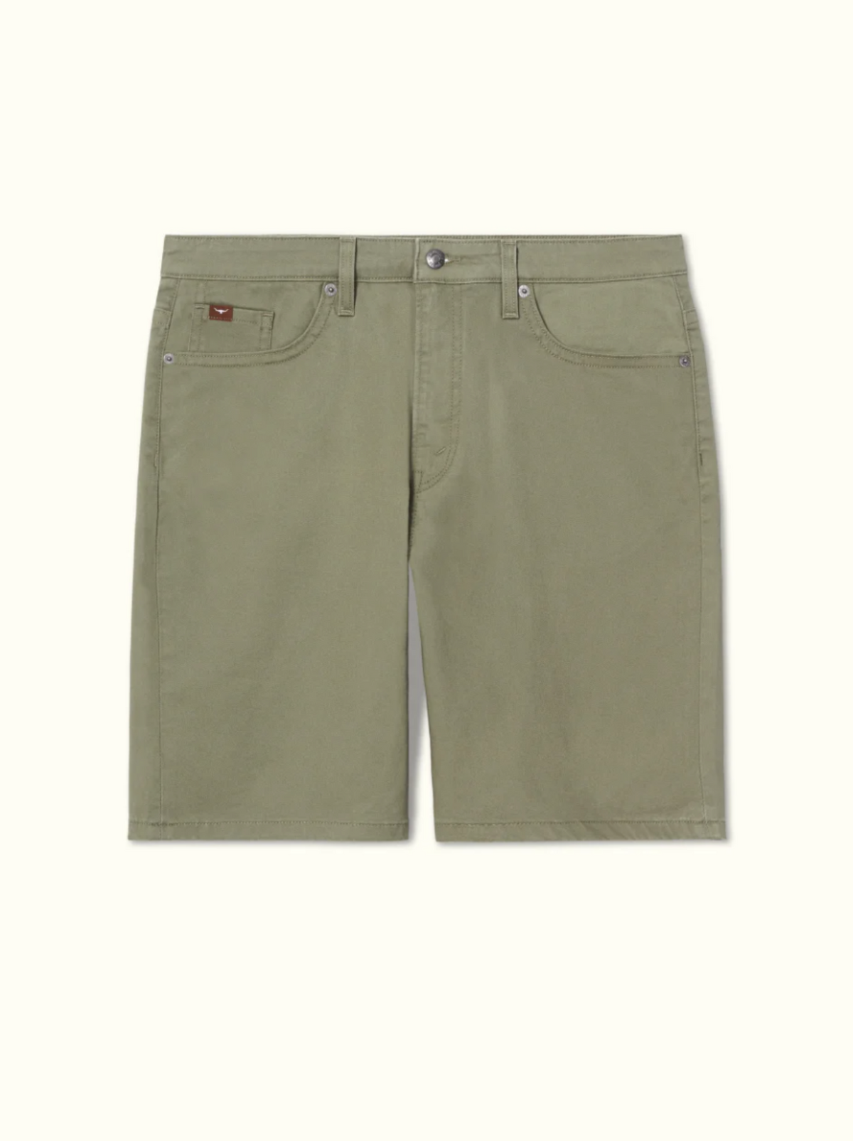The RM Williams Nicholson Short features a regular-fit in olive green against an off-white background, with belt loops, a front button, zip fly, and multiple pockets. Made from premium stretch cotton, these shorts provide exceptional comfort for smart casual occasions.