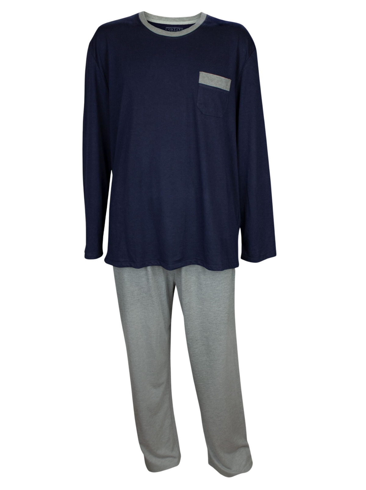 The Contare Country Bamboo Cotton Long Sleeve Set offers ultimate comfort with a soft bamboo/cotton blend, featuring a navy blue long-sleeve top with chest pocket and light gray trim, paired with matching light gray pants.