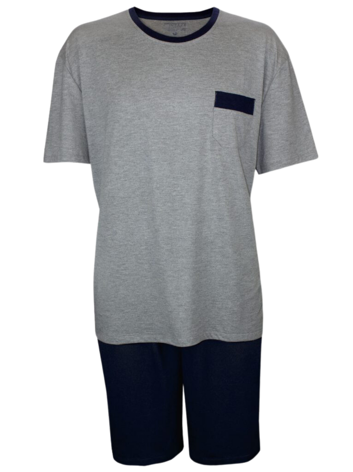 The Contare Country Bamboo Cotton Short Sleeve Set features a gray short-sleeve shirt with a dark chest pocket and matching moisture-wicking dark shorts, perfect for casual or loungewear.