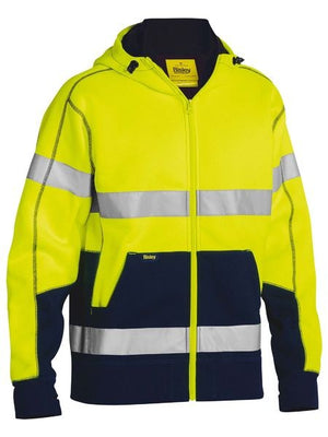 The Bisley Taped Hi Vis Fleece Hoodie With Sherpa Lining features a hood, bright yellow and navy colors, reflective silver chest, sleeve, and waist stripes, a front zipper, and warm sherpa lining for extra comfort.
