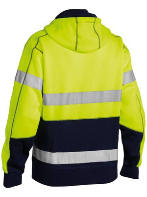 The Bisley Taped Hi Vis Fleece Hoodie With Sherpa Lining features bright yellow fabric, navy panels, a hood, sherpa body lining for extra warmth, and two horizontal reflective silver stripes on the back and sleeves.