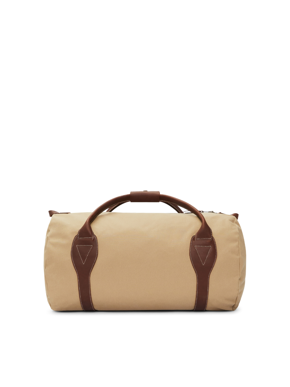 The RM Williams Sorrento Ute Bag showcases a beige duffel design complemented by brown leather handles and straps. Constructed from water-repellent utility canvas, this cylindrical-shaped bag stands upright with centrally positioned top handles. White-stitched leather accents and a partially visible zipper provide intricate detailing.