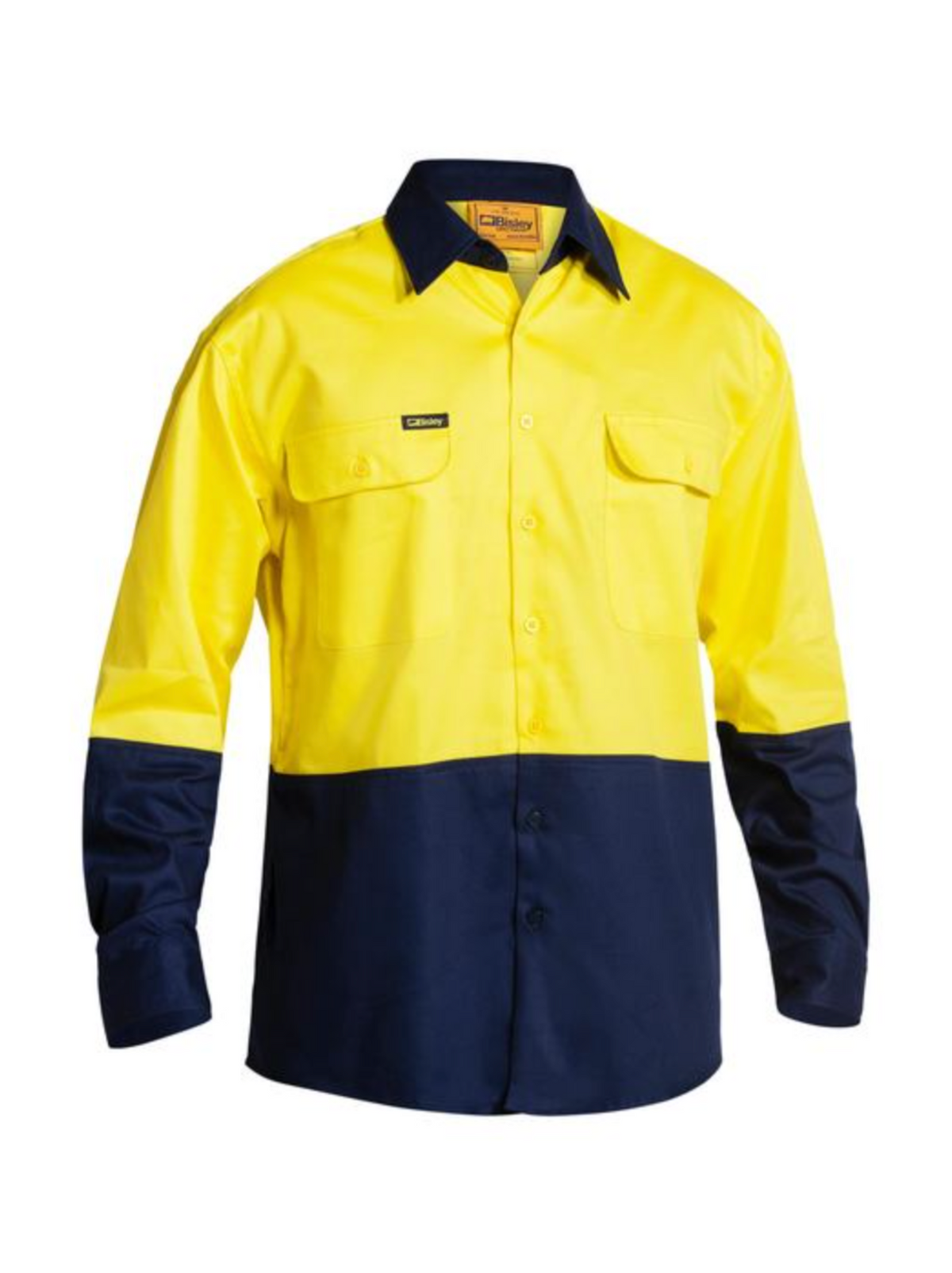 The Bisley Hi Vis Drill Shirt is designed for maximum visibility, featuring a bright yellow upper section and dark blue lower section. It has long sleeves, a button-up front, and two chest pockets with flaps, making it comfortable workwear ideal for outdoor or construction settings.