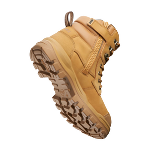 The Blundstone RotoFlex 8060 Unisex Zip Sided Safety Boot, featuring a single tan-colored design with a rugged outsole, metal eyelets, side zipper, and pull tab at the heel, is displayed against a white background. The water-resistant work boot appears to be durable and suitable for outdoor or heavy-duty work.