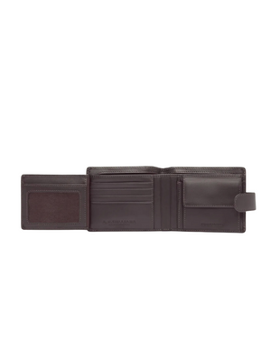 The RM Williams Wallet with Coin Pocket and Tab in dark brown Yearling leather features multiple card slots, a transparent ID window, a snap-button coin pouch, a laid-flat design with compartments, and the signature Nickel Longhorn embellishment.