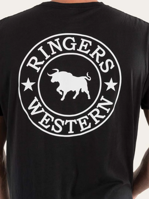 The Ringers Western Signature Bull Loose Fit T-Shirt features a white circular logo with a bull, stars, and "RINGERS WESTERN" on the back, and is made from 100% cotton jersey for comfort.