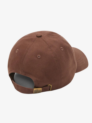 The RM Williams Script Cap is a brown cotton twill baseball cap with an adjustable strap and brass buckle, curved brim, and signature R.M.Williams script logo. Shown from the back on a white background.