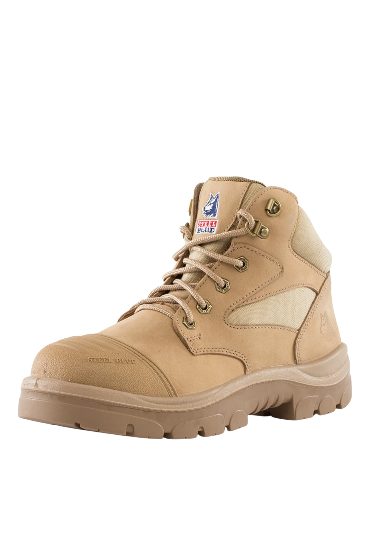 The Steel Blue Parkes Zip Scuff Cap Boot is a tan-colored, high-top work boot featuring rugged soles and metal eyelets. It has a padded ankle collar and a stitched design, complemented by visible branding on the tongue and additional branding on the heel. These durable leather boots also come with a safety steel toe for added protection.