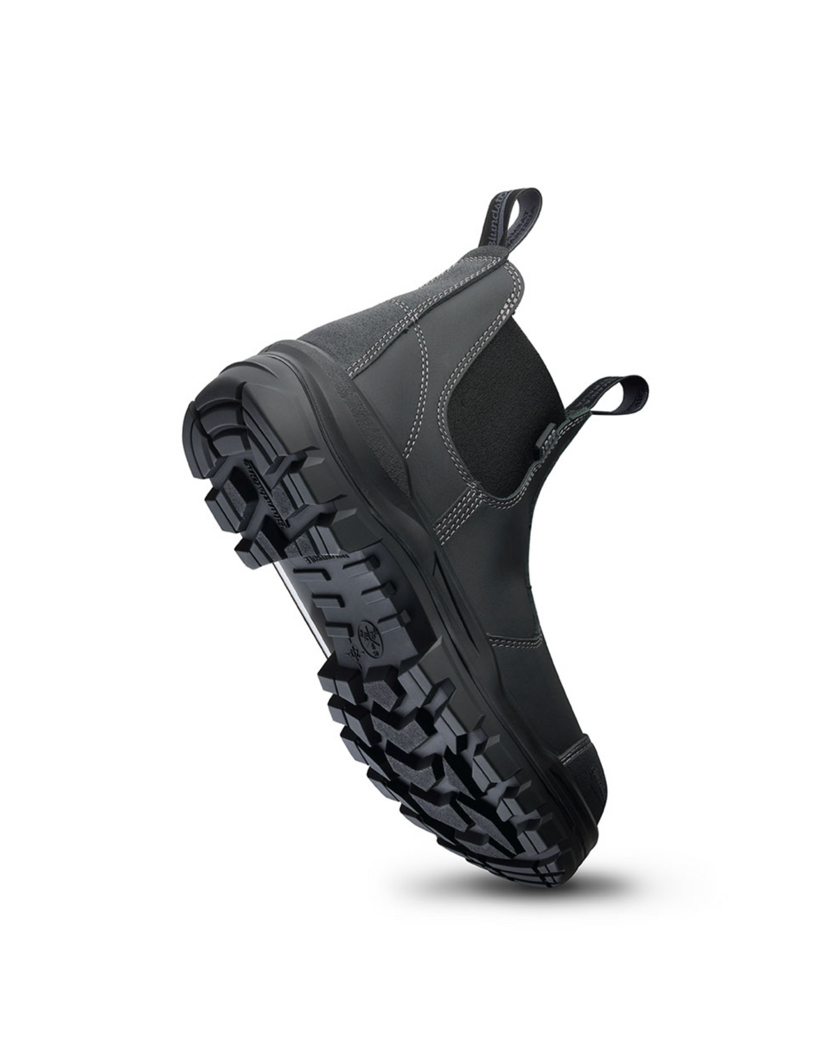 The Blundstone RotoFlex 8001 Elastic Sided Safety Boot is shown angled to display its black leather, steel toe cap, thick treaded sole, elastic side panels, pull tabs front and back, and impact absorption features against a plain white background.