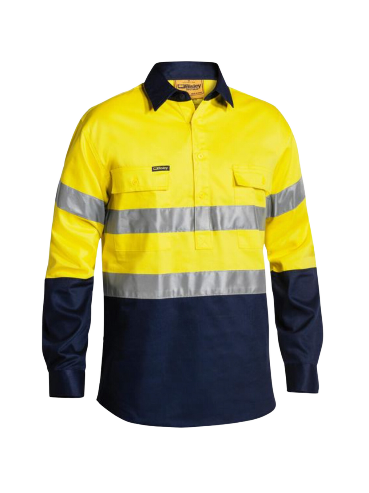 The Bisley Taped Hi Vis Closed Front Drill Shirt is made from durable cotton drill, with a yellow top, navy lower half and sleeves, and reflective silver tape on the chest and arms for enhanced safety.