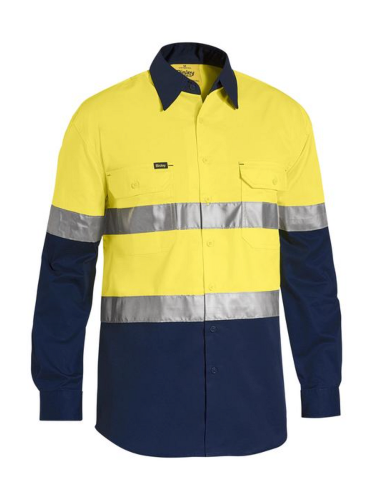The Bisley Taped Hi Vis Cool Lightweight Shirt is a lightweight, long-sleeved high-visibility work shirt featuring a yellow top half and navy blue bottom half. It has two horizontal reflective silver stripes around the chest and arms, a button-up front, cotton mesh ventilation for breathability, a collared neck, and chest pockets.