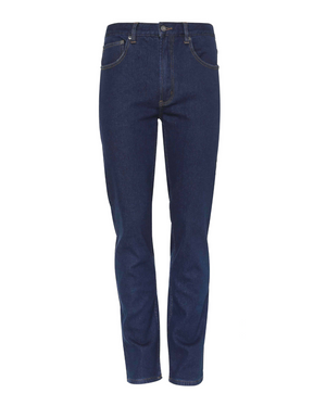 Workland Stretch Jeans: Classic blue denim with a mid-rise, straight-leg cut, front and back pockets, button and zipper closure, shown on a plain white background.