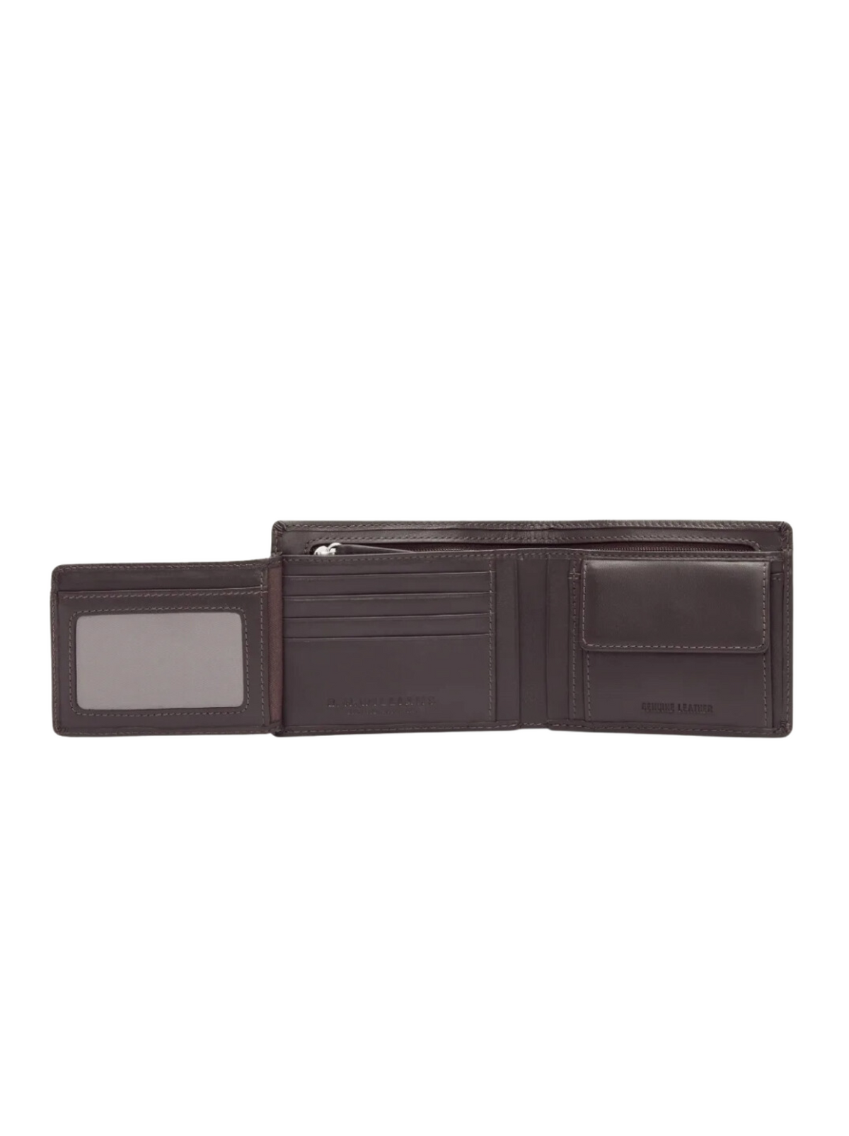The RM Williams Wallet with Coin Pocket, a brown yearling leather bi-fold, is open to reveal card slots, an ID window, a zippered pocket, and a coin pouch.