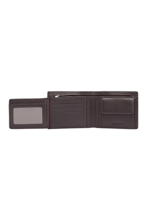 The RM Williams Wallet with Coin Pocket, a brown yearling leather bi-fold, is open to reveal card slots, an ID window, a zippered pocket, and a coin pouch.