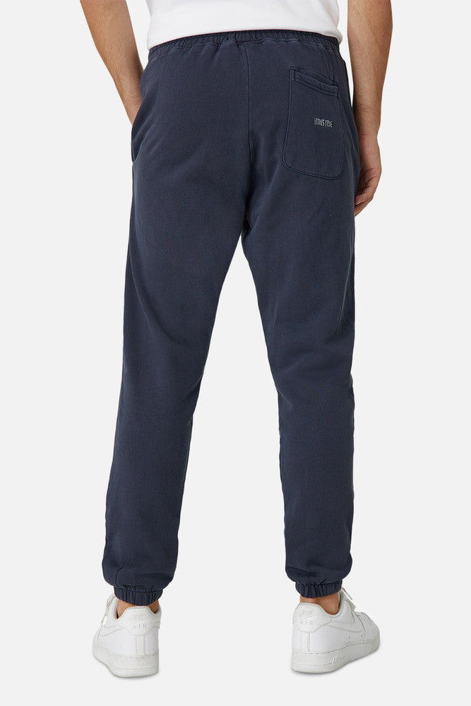 A person in Industrie The Del Sur Track Pant, featuring a navy blue color, elastic drawstring waist, back pocket, elastic cuffs, and an embroidered logo, stands with their back to the camera. They're paired with a white shirt and sneakers against a plain white background.