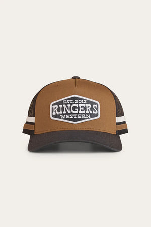 The Ringers Western Banks Trucker Cap features a brown and black design, mesh back, white side stripes, adjustable snapback, and a front patch reading "EST. 2012 RINGERS WESTERN.