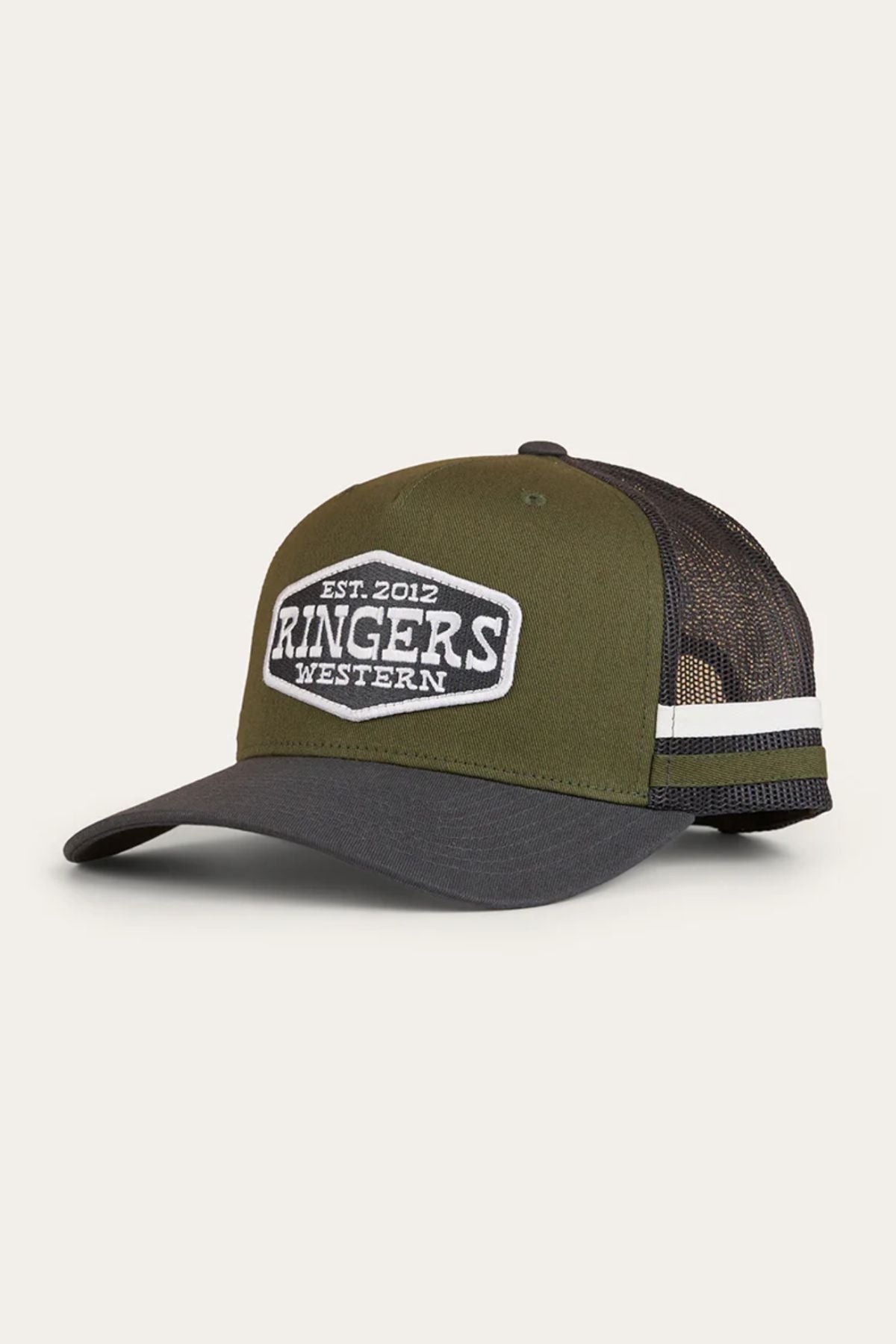 The Ringers Western Banks Trucker Cap features an olive green and black design, cotton twill curved brim, mesh back with two white stripes, and a front patch reading "EST. 2012 RINGERS WESTERN." Snapback closure included.