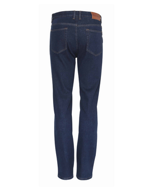 Back view of the Workland Stretch Jeans in dark blue, mid rise, with a super stretch fit, two back pockets, and a brown leather waistband patch, displayed against a white background.