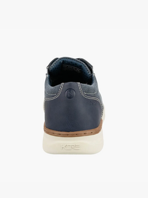 Back view of the Florsheim Kore Tour Canvas Lace Sneaker in blue, featuring white stitching, tan midsole, white sole with "KORE" branding, low-top design, visible heel padding, and breathable mesh for comfort.