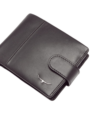 Introducing the RM Williams Wallet with Coin Pocket and Tab, a sleek, minimalist bi-fold wallet crafted from Yearling leather. It features a striking nickel Longhorn embellishment on the front and a snap button closure. Ideal for daily use, this black leather wallet adds a touch of elegance to your essentials.