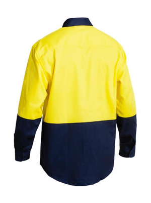 Rear view of the Bisley Hi Vis Drill Shirt, featuring long sleeves with a bright yellow upper half and dark blue lower half. It includes a collar and cuffs for comfortable workwear, providing maximum visibility in safety-focused environments.