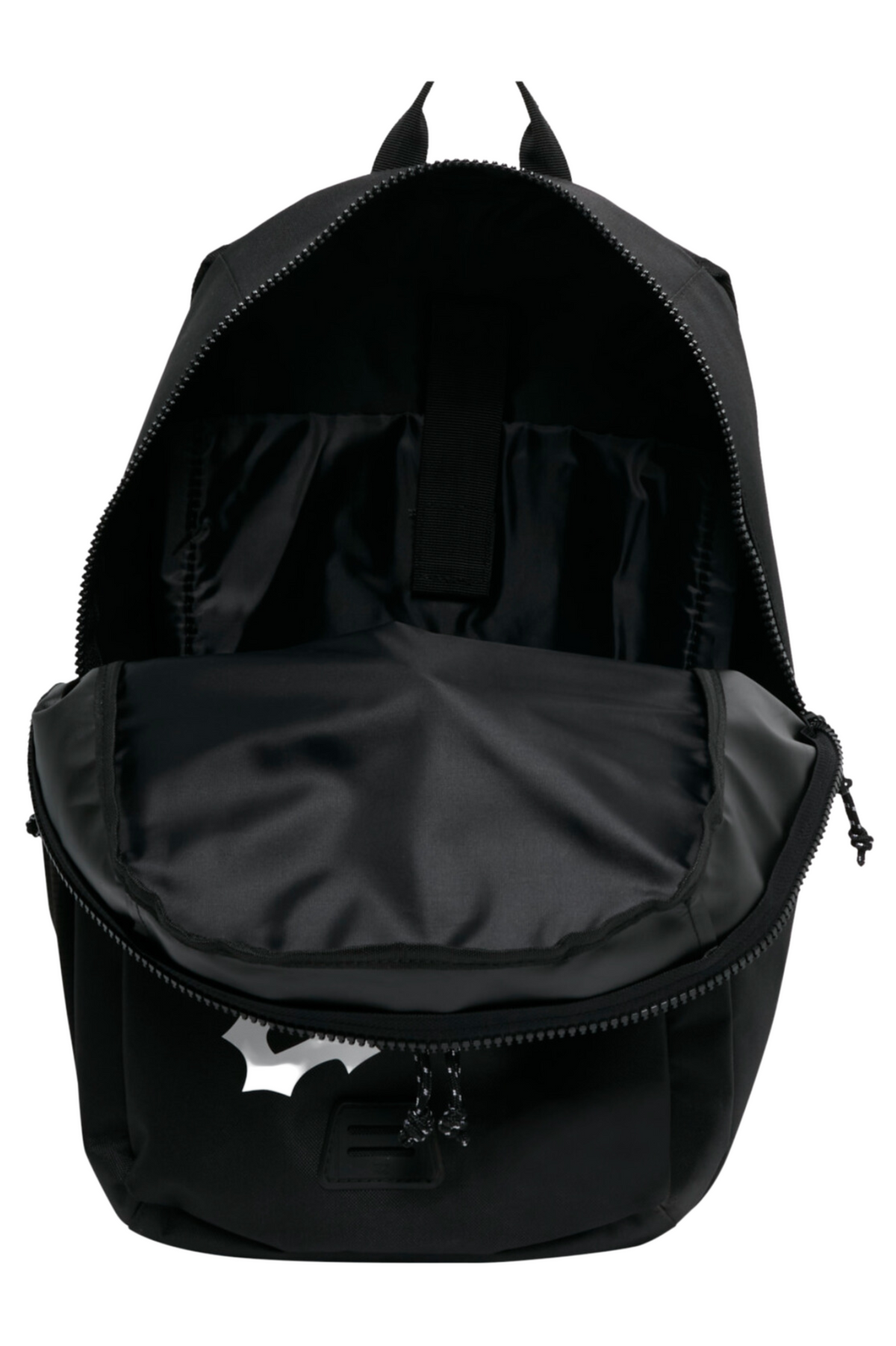 A black Billabong Norfolk Backpack, crafted from recycled polyester, is displayed unzipped with an empty main compartment and a laptop sleeve inside. The bag sports a slightly glossy finish with a visible zipper and a small Billabong logo patch at the bottom front.