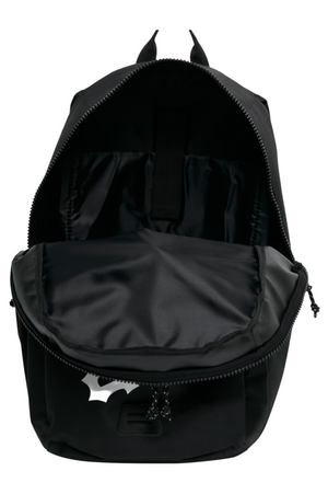 A black Billabong Norfolk Backpack, crafted from recycled polyester, is displayed unzipped with an empty main compartment and a laptop sleeve inside. The bag sports a slightly glossy finish with a visible zipper and a small Billabong logo patch at the bottom front.